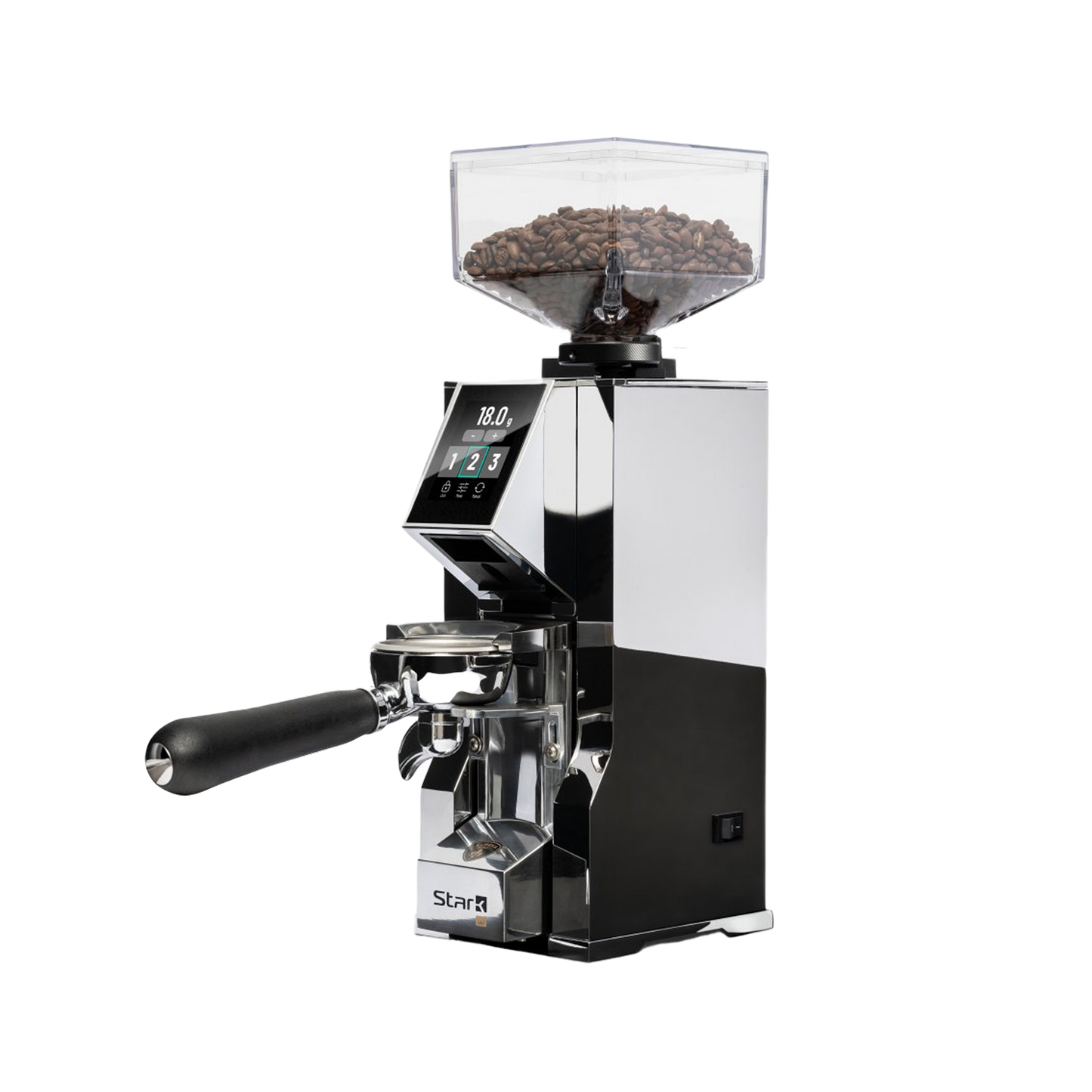 Zijaanzicht van de Eureka Mignon Stark W met een transparant bonenreservoir dat gevuld is met versgebrande koffiebonen