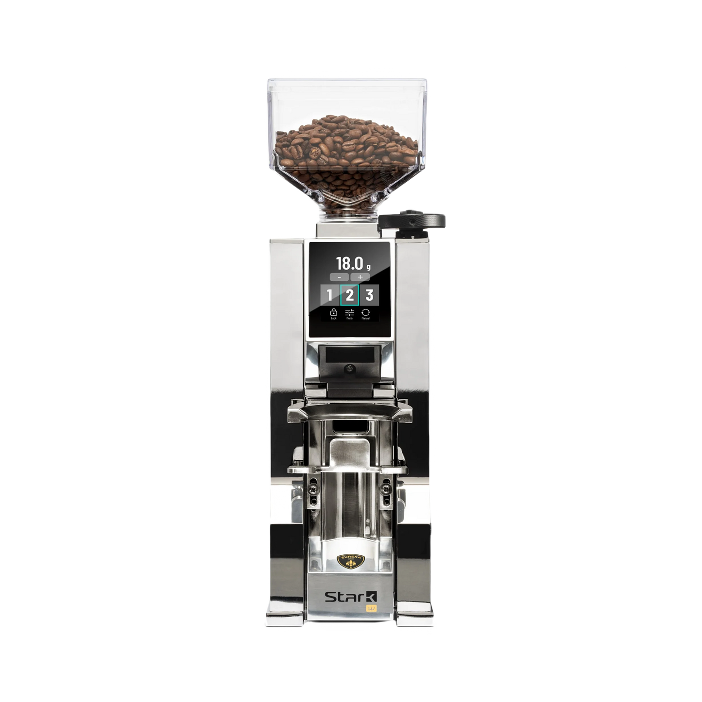 Eureka Mignon Stark W grind-by-weight koffiemolen in het zwart, met een bonenreservoir en een digitaal display aan de voorzijde.