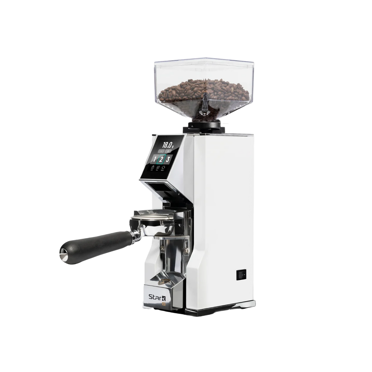 Zijaanzicht van de witte Eureka Mignon Stark W grind-by-weight koffiemolen met een contrasterend zwart touchscreen display aan de voorzijde.