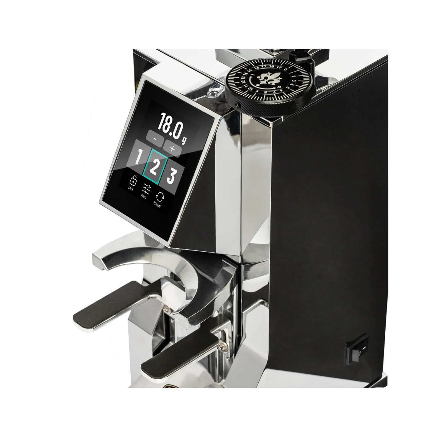 Close-up van het touchscreen display van de Eureka Mignon Stark W grind-by-weight koffiemolen, waarop de gewichtsinstelling in grammen zichtbaar is.