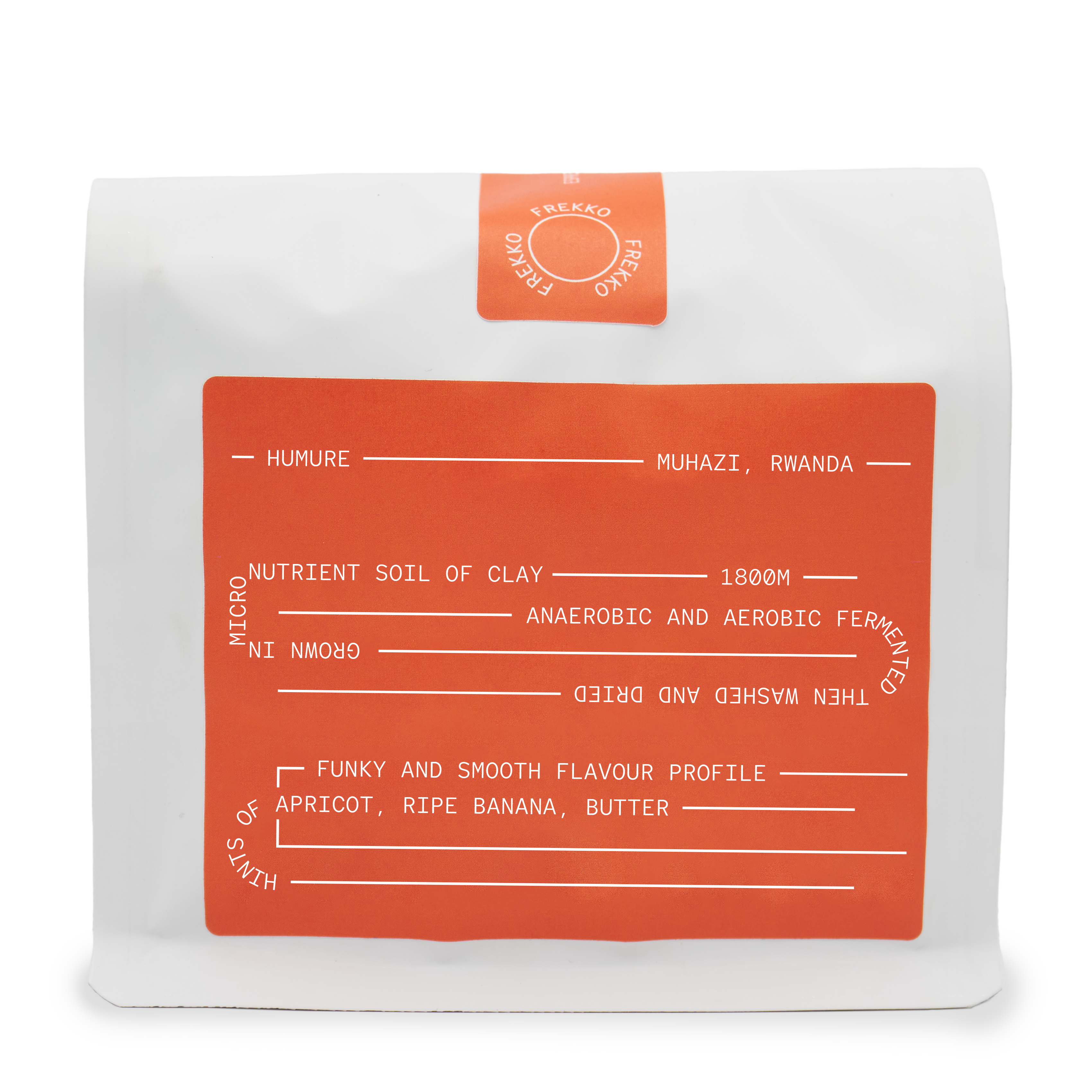 Rwanda Specialty coffee packaging from FREKKO, orange label with white text curling around the packaging
