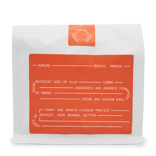 Rwanda Specialty coffee packaging from FREKKO, orange label with white text curling around the packaging
